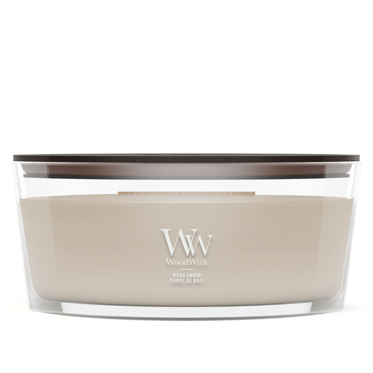WoodWick Wood Smoke ellipse jar candle sitting against white background