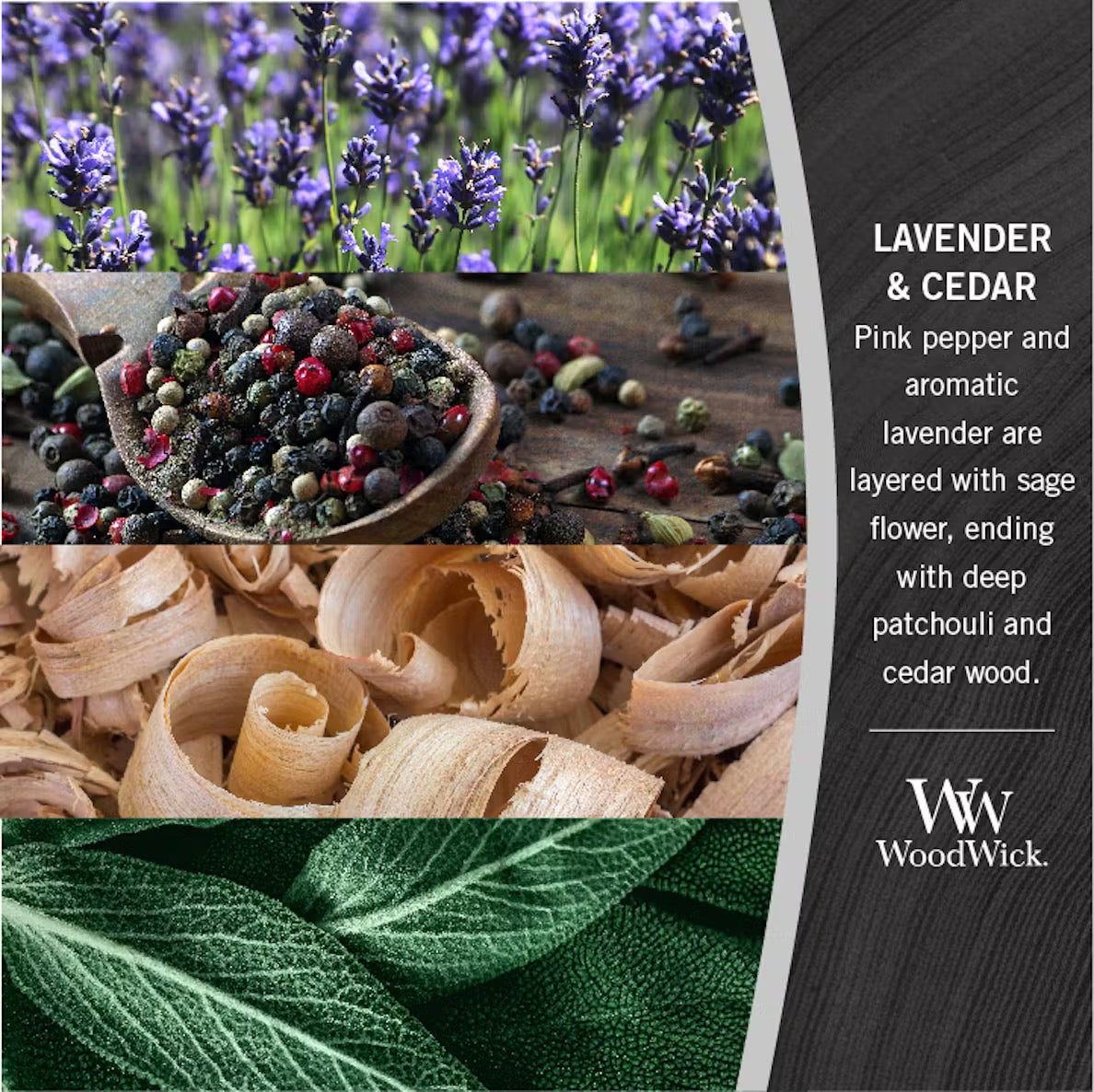 Fragrance notes photo collage for WoodWick Lavender & Cedar featuring blooming purple lavender, mixed peppercorns in a spoon, cedar wood shavings, and a textured sage leaf, alongside text reading "Pink pepper and aromatic lavender are layered with sage flower, ending with deep patchouli and cedar wood."
