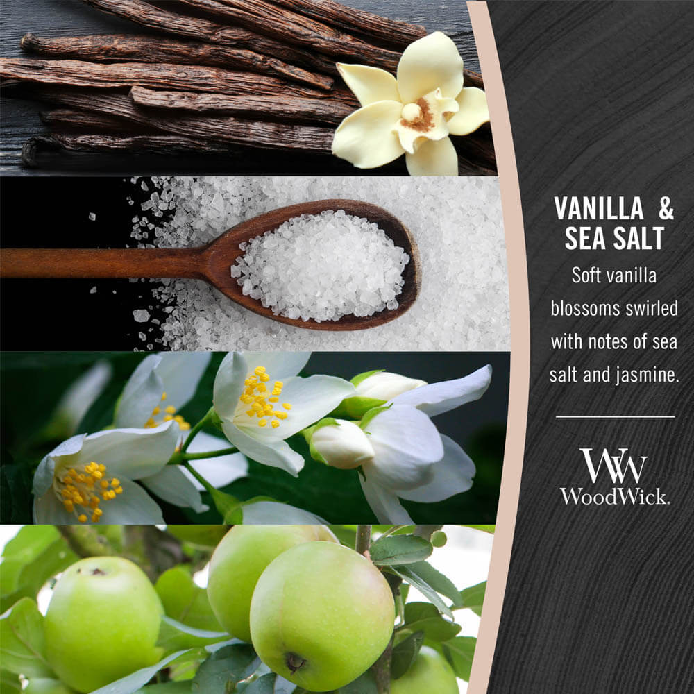 Fragrance notes photo collage for WoodWick Vanilla & Sea Salt featuring vanilla beans and flowers, coarse sea salt on a wooden spoon, white jasmine blossoms, and green apples, alongside product text reading "Soft vanilla blossoms swirled with notes of sea salt and jasmine."