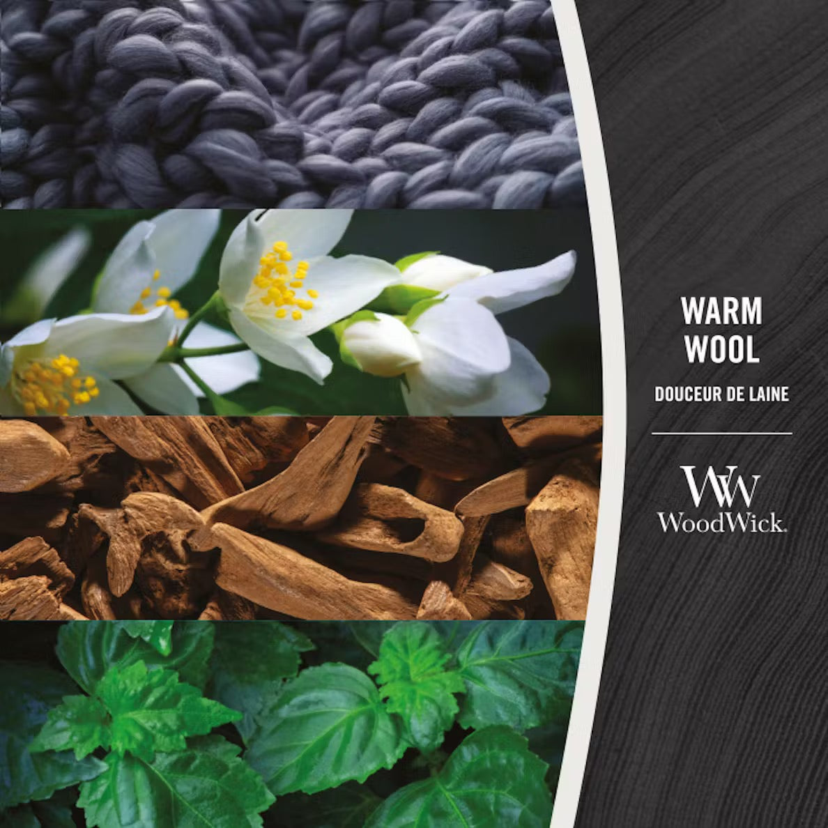 Fragrance notes photo collage for WoodWick Warm Wool featuring chunky gray knit wool, white jasmine blossoms, aromatic wood chips, and green patchouli leaves, alongside text reading "Warm Wool / Douceur de Laine" with the WoodWick logo.