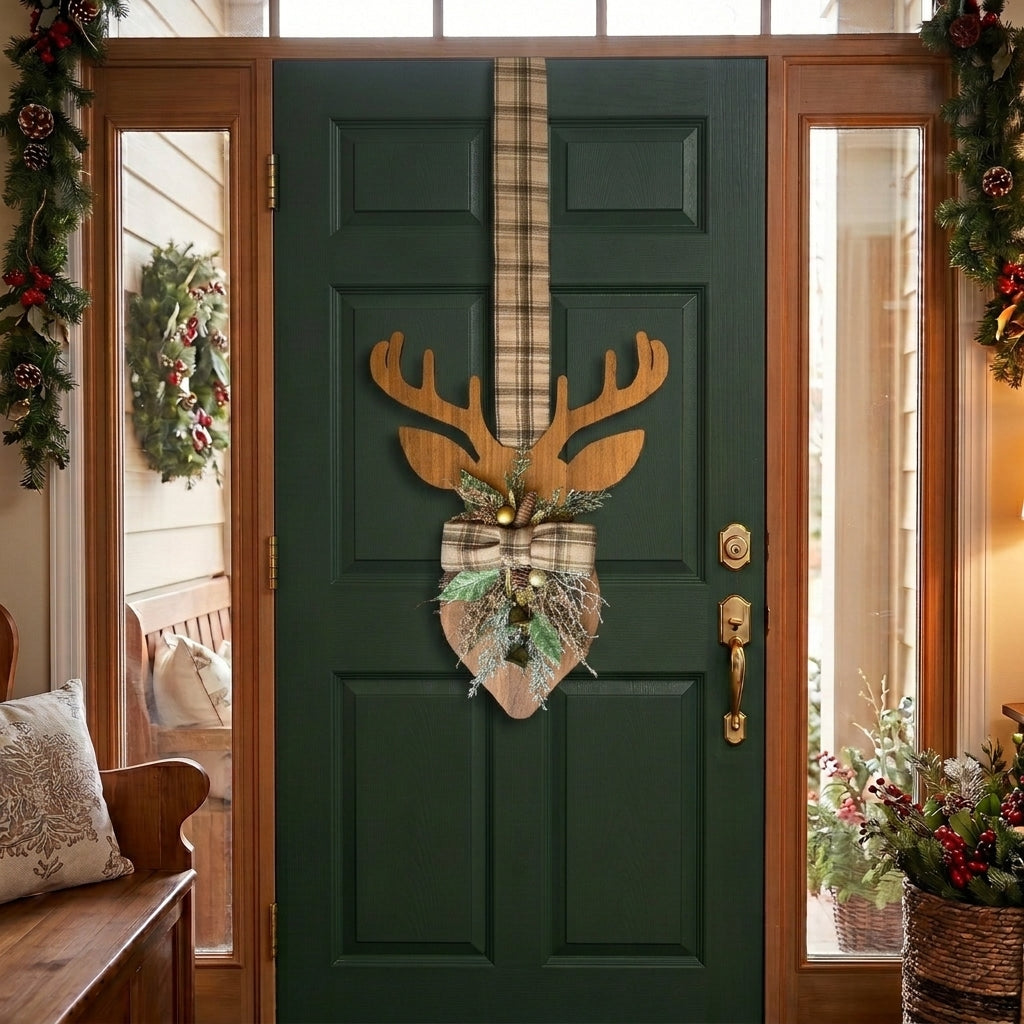 Handmade Wooden double-sided deer hanger for Christmas front door decor, designed by Inas.