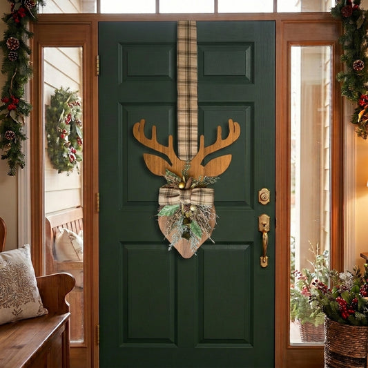 Handmade Wooden double-sided deer hanger for Christmas front door decor, designed by Inas.