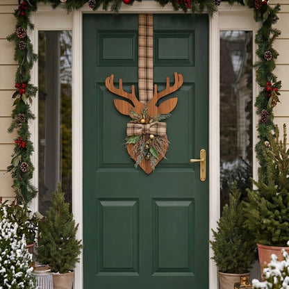 Handmade Wooden double-sided deer hanger for Christmas front door decor, designed by Inas.
