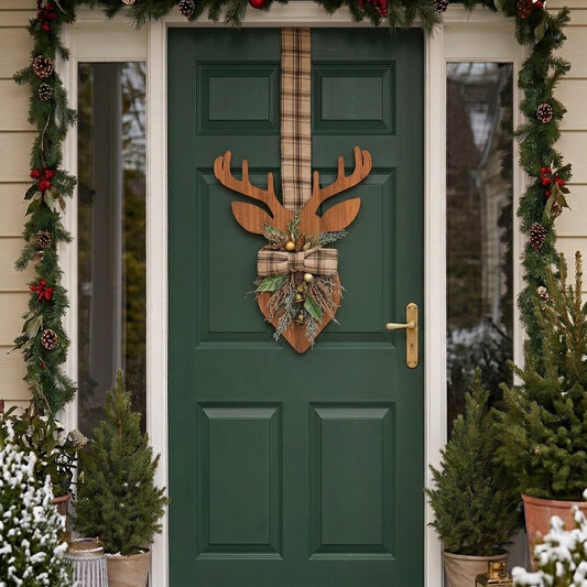 Handmade Wooden double-sided deer hanger for Christmas front door decor, designed by Inas.
