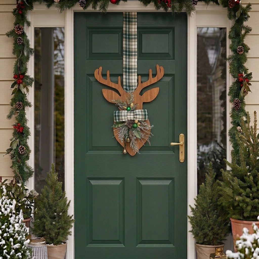 Handmade Wooden double-sided deer hanger for Christmas front door decor, designed by Inas.