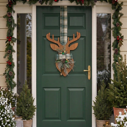 Handmade Wooden double-sided deer hanger for Christmas front door decor, designed by Inas.