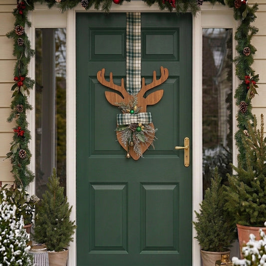 Handmade Wooden double-sided deer hanger for Christmas front door decor, designed by Inas.