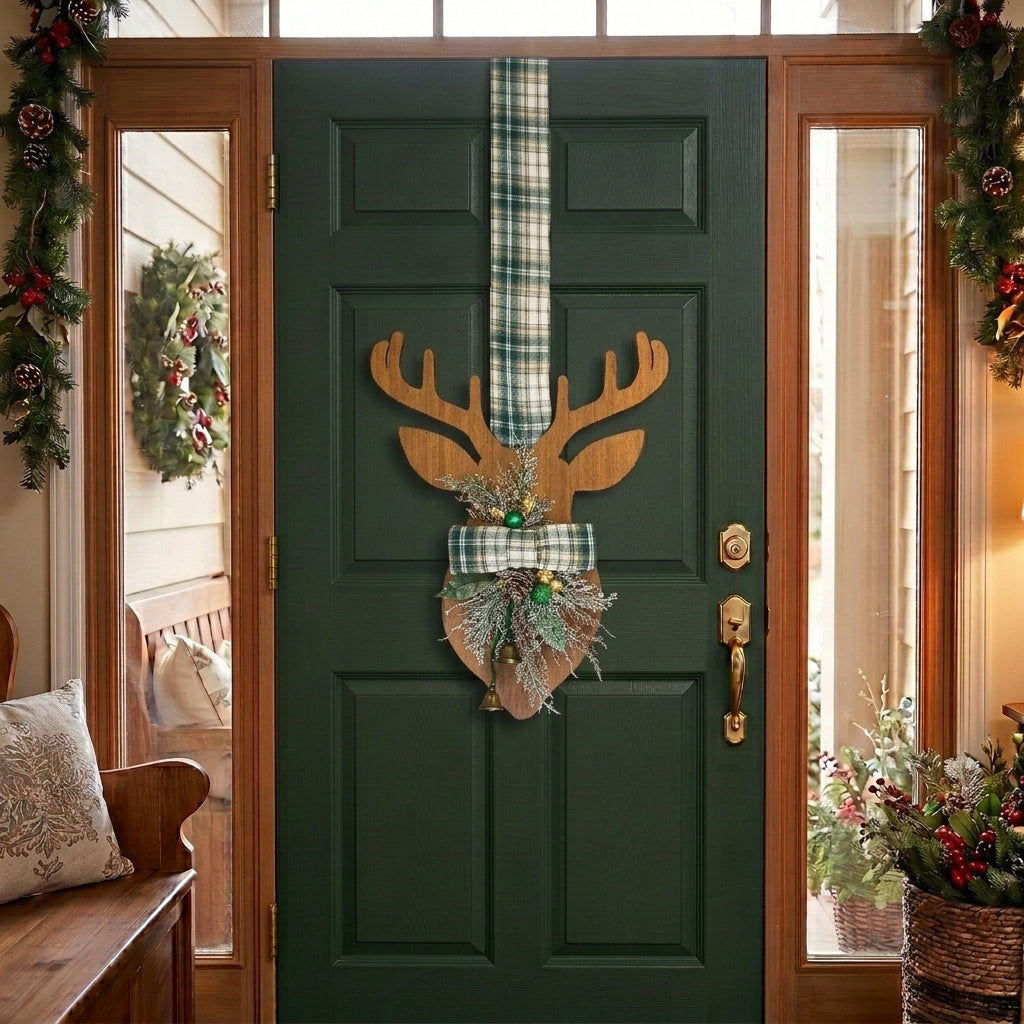 Handmade Wooden double-sided deer hanger for Christmas front door decor, designed by Inas.