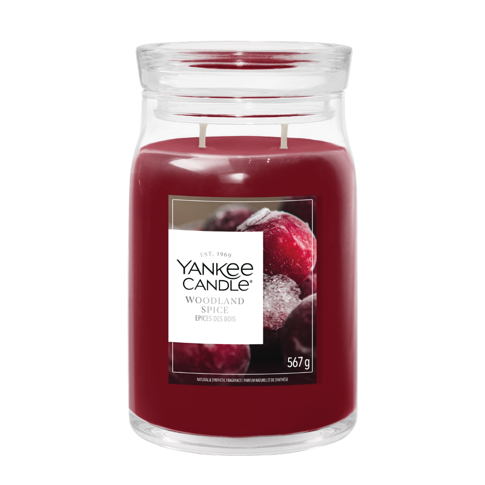 Yankee Candle Woodland Spice jar artwork featuring frost-dusted pinecones and winter berries set against a dark red candle background.