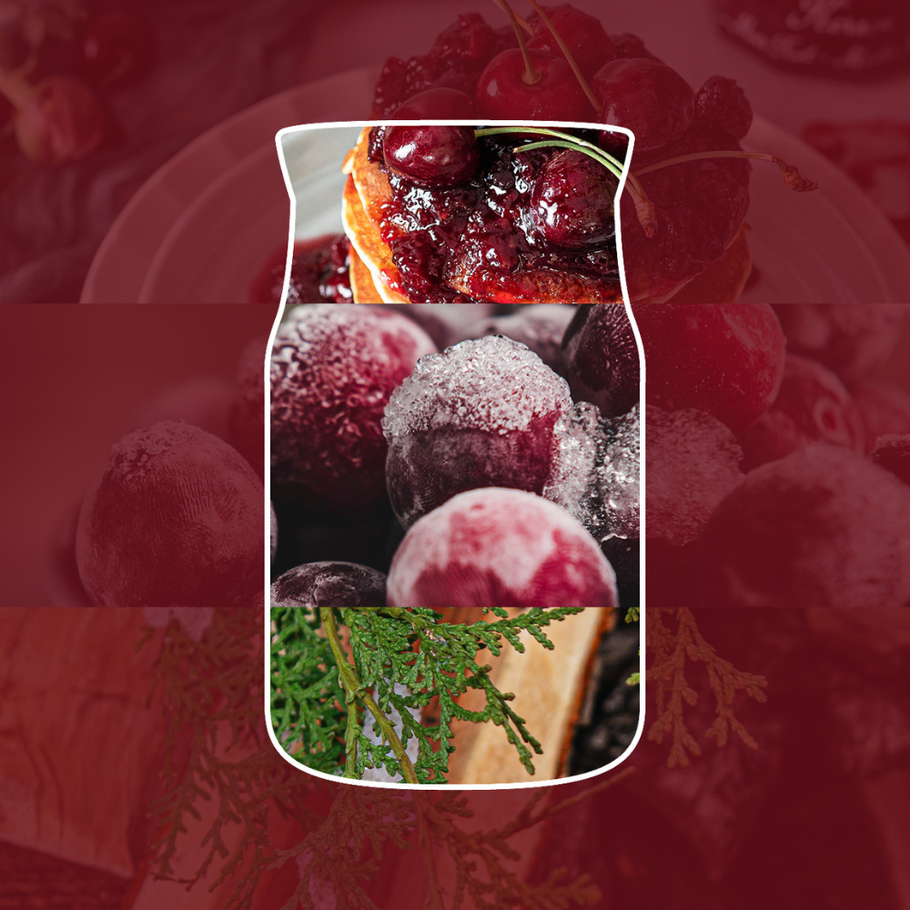 A decorative jar-shaped graphic filled with layered food photography of cherries, frosted berries, and green foliage, set over a dark red blurred background of similar fruit imagery.