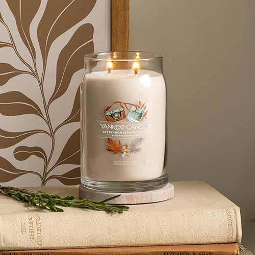 Yankee Candle Afternoon Scrapbooking 567g large glass jar candle centered against a clean white background.