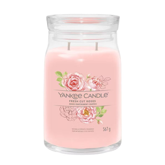 Yankee Candle Fresh Cut Roses 567g Signature large glass jar candle with pink wax centered against a clean white background.