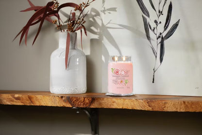 Yankee Candle Fresh Cut Roses 567g Signature large glass jar candle with pink wax centered against a clean white background.