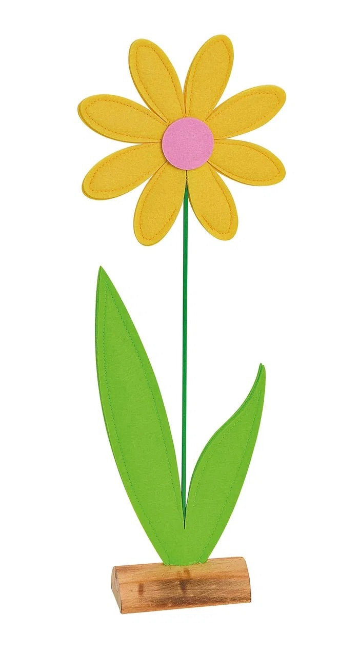 Artificial flower with Yellow petals respectively, on wooden stand.