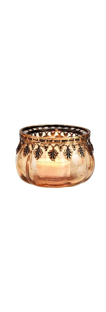 brown glass candle holder with floral patterns, with candle