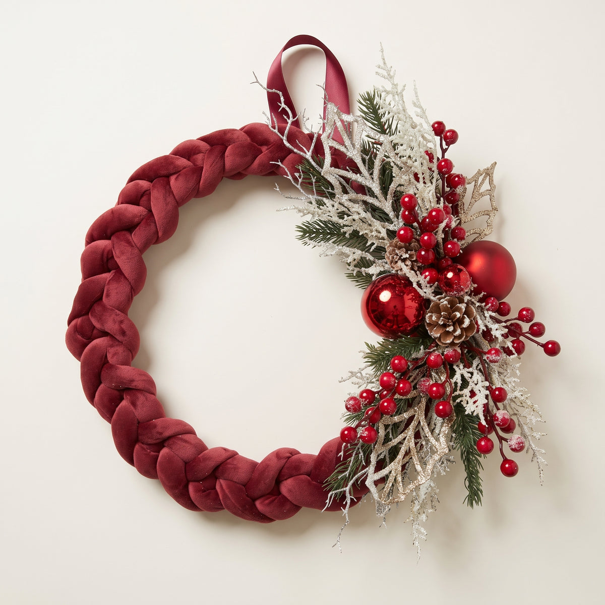 Handmade holiday wreath featuring a dark red velvet braided loop decorated with red berries, gold, white and green leaves, and pine cones, against a white background