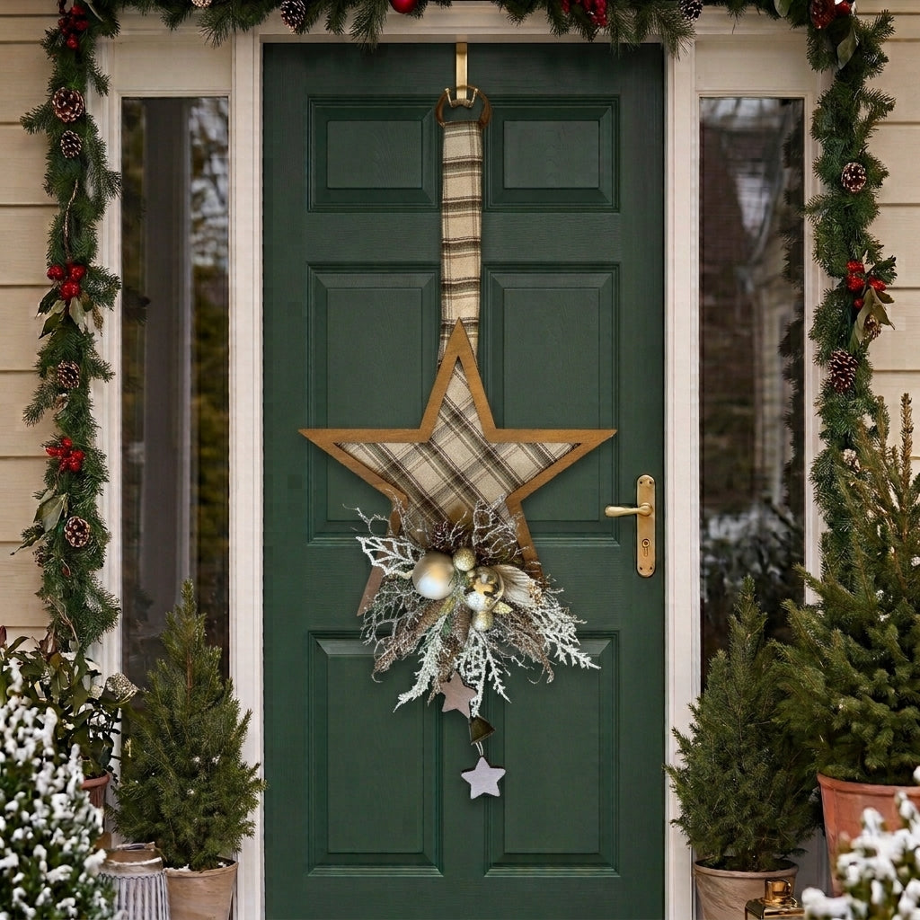 A festive Christmas front door wreath hanging on a dark green door, decorated with a large wooden star, plaid ribbon, white berries, pinecones, and frosted greenery, with garlands framing the doorway.