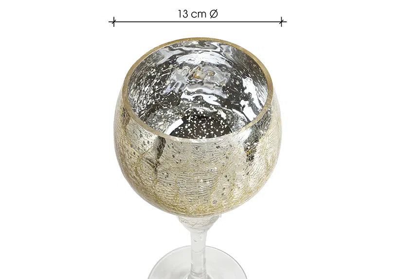 Gold crackle glass stemware windlight candle holder showing 13 cm diameter measurement.