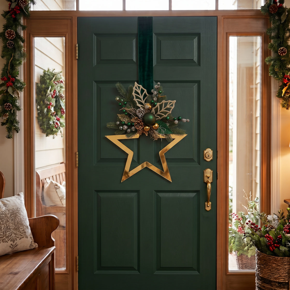 Handmade gold metallic double-sided star hanger for Christmas front door decor, designed by Inas.
