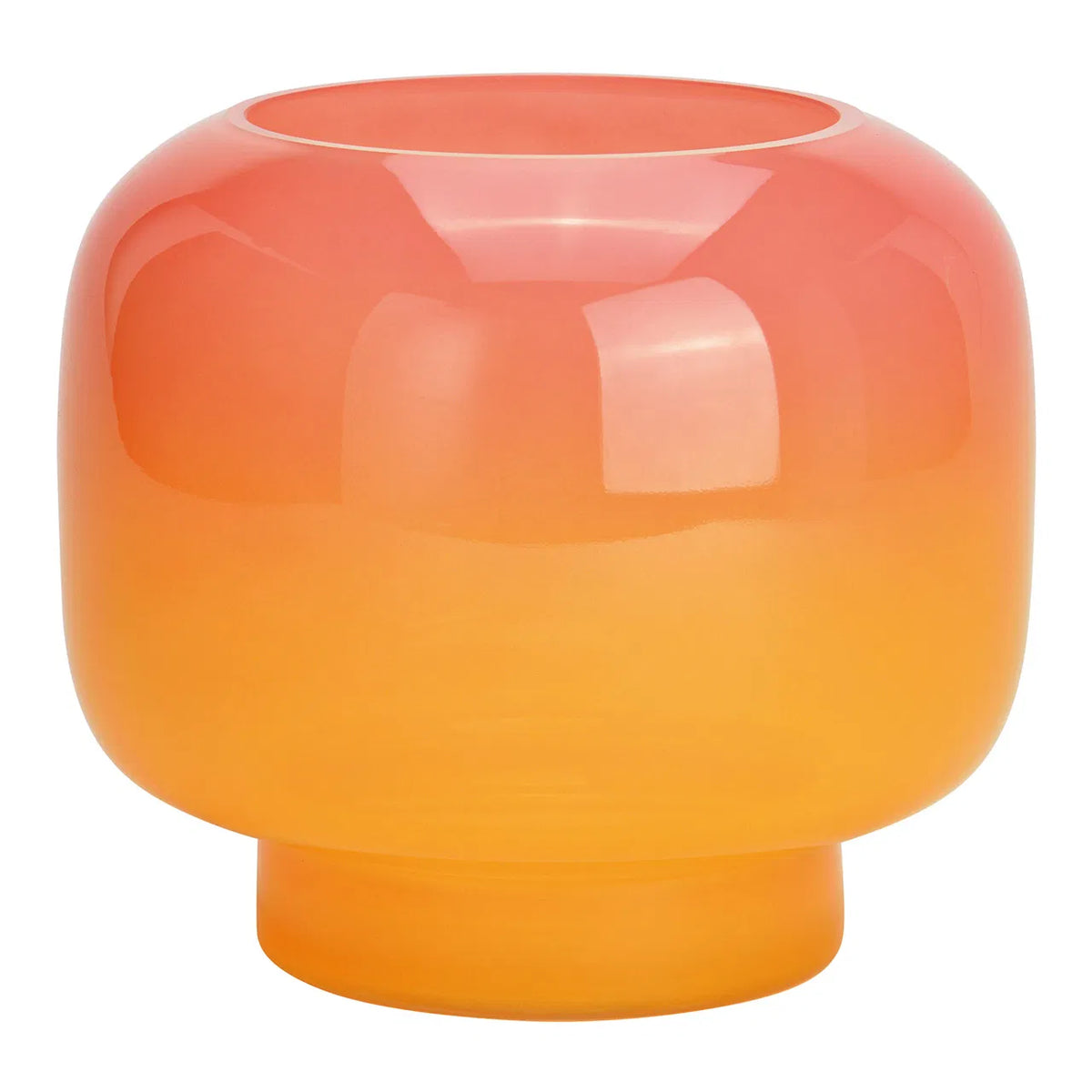 A round glass vase with a gradient color transition from pink to orange.