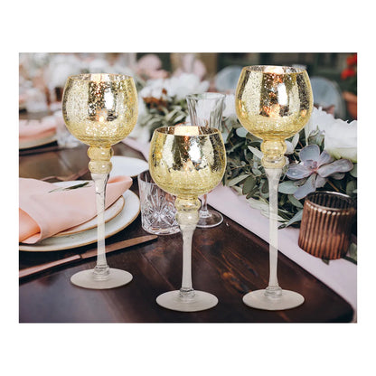 A set of three gold-colored glass windlight holders with a cracking glass texture, displayed against a white background.